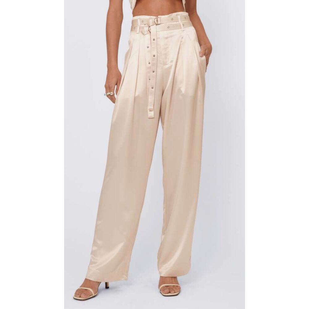 NWOT Nonchalant Label Cream Satin Double Belt Wide Leg Trouser Pants — Size XS